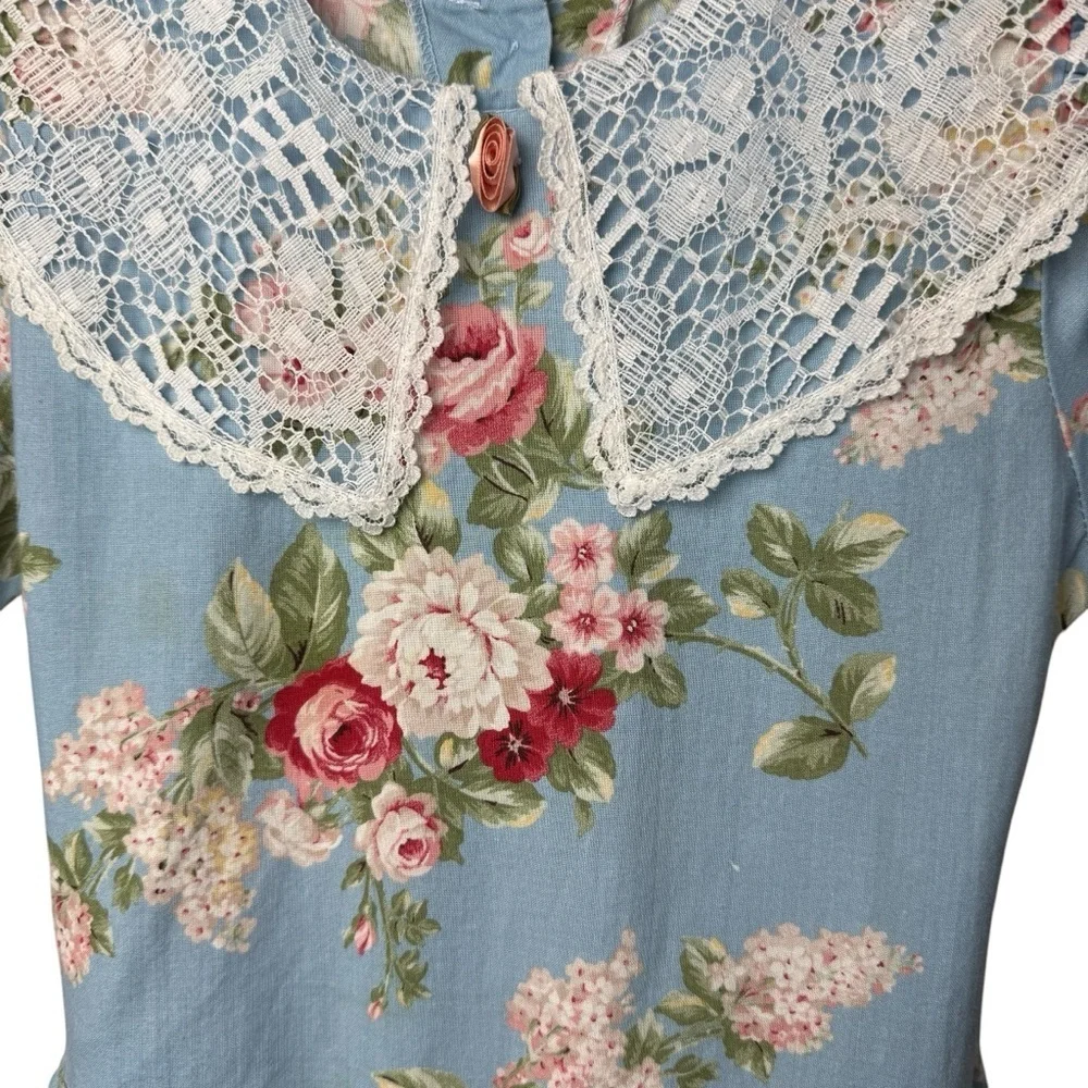 Swat VTG Little Girls Dress SZ 6 Floral Lace Ruffle Cottagecore Prairie Tie Belt - Picture 3 of 7